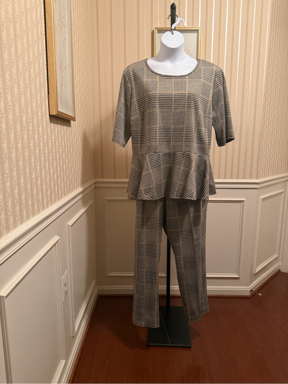 Ashley Stewart Neutral Plaid Peplum Top & Straight Leg Pants Set
